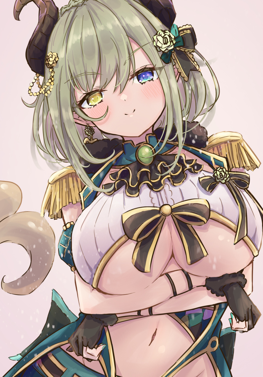 arms_under_breasts ascot bad_id bad_pixiv_id black_ascot black_bow black_gloves blue_eyes blush bow breasts brooch brown_horns closed_mouth commentary_request curled_horns demon_girl demon_horns demon_tail female gloves green_hair hair_between_eyes hairbow heterochromia highres honey_strap horns huge_breasts jewelry looking_at_viewer medium_hair nanashi_inc. navel official_alternate_costume partially_fingerless_gloves sekishiro_mico shishishi simple_background smile solo split_mouth tail underboob upper_body virtual_youtuber yellow_eyes