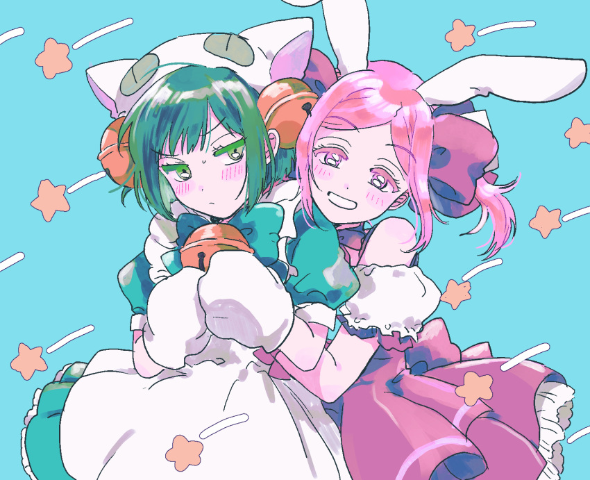 2girls animal_ears animal_hands animal_hat apron aqua_background aqua_dress baburo bad_id bad_pixiv_id bare_shoulders bell blush bob_cut bow bowtie cat_hat choker cosplay cowboy_shot dejiko dejiko_(cosplay) detached_sleeves di_gi_charat dress embarrassed fake_animal_ears gloves green_eyes hair_bell hair_ornament hairbow hat highres jingle_bell maid_apron mikami_kaho multiple_girls nire_hikari paw_gloves pink_dress pink_eyes pink_hair puffy_short_sleeves puffy_sleeves rabbit_ears short_hair short_sleeves smile star_(symbol) twintails usada_hikaru usada_hikaru_(cosplay) white_gloves world_trigger