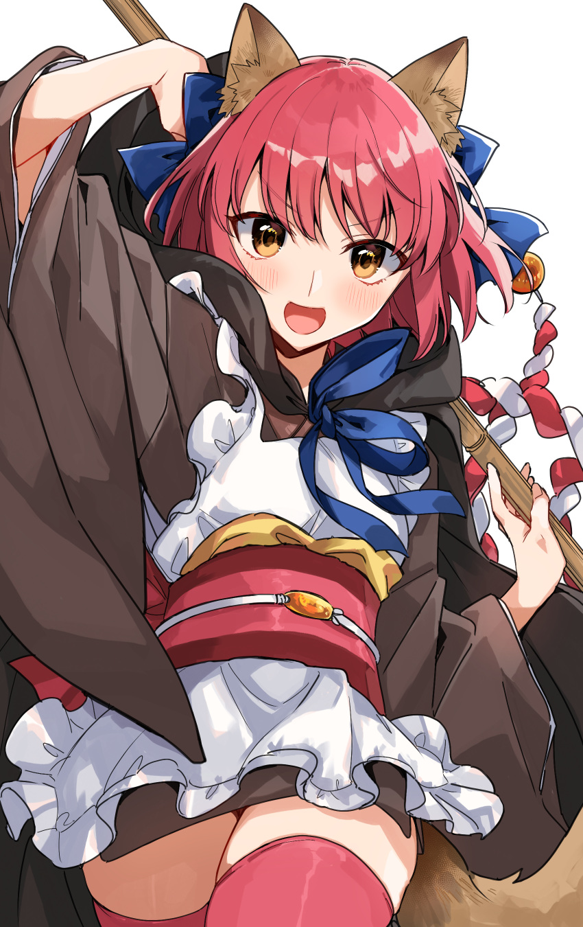 :d absurdres animal_ears apron bamboo_broom blue_bow blush bow broom brown_kimono cowboy_shot female fox_ears fox_tail frilled_apron frills hairbow highres japanese_clothes kimono kohaku_(tsukihime) long_sleeves looking_at_viewer magical_amber melty_blood obi obiage obidome obijime open_mouth orange_eyes pink_thighhighs red_hair sash short_hair short_kimono simple_background skindentation smile solo tail thighhighs tsukihime wasa_(wanosabi) white_background wide_sleeves zettai_ryouiki