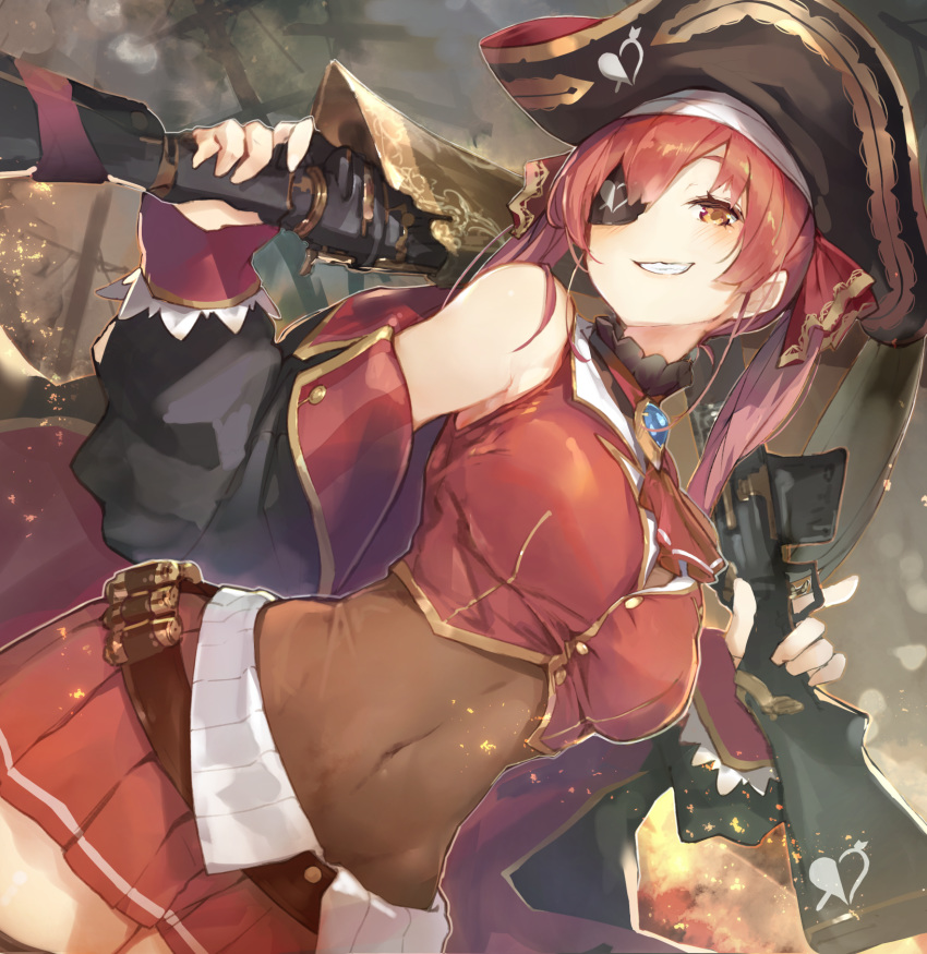 adapted_weapon ascot bandolier bare_shoulders belt black_coat breasts brooch coat covered_navel crop_top cruel_gz dual_wielding dutch_angle eyepatch feather_hair_ornament feathers female gold_trim grin groin gun hair_ornament hat highres holding hololive holstered houshou_marine houshou_marine_(1st_costume) jewelry large_breasts leotard leotard_under_clothes long_hair long_sleeves looking_at_viewer magazine_(weapon) midriff miniskirt musket navel off_shoulder open_clothes open_coat orange_eyes over_shoulder pirate_hat pleated_skirt red_hair red_skirt red_vest rifle ringlets see-through see-through_leotard skirt smile smirk solo trigger_discipline twintails vest virtual_youtuber weapon weapon_over_shoulder