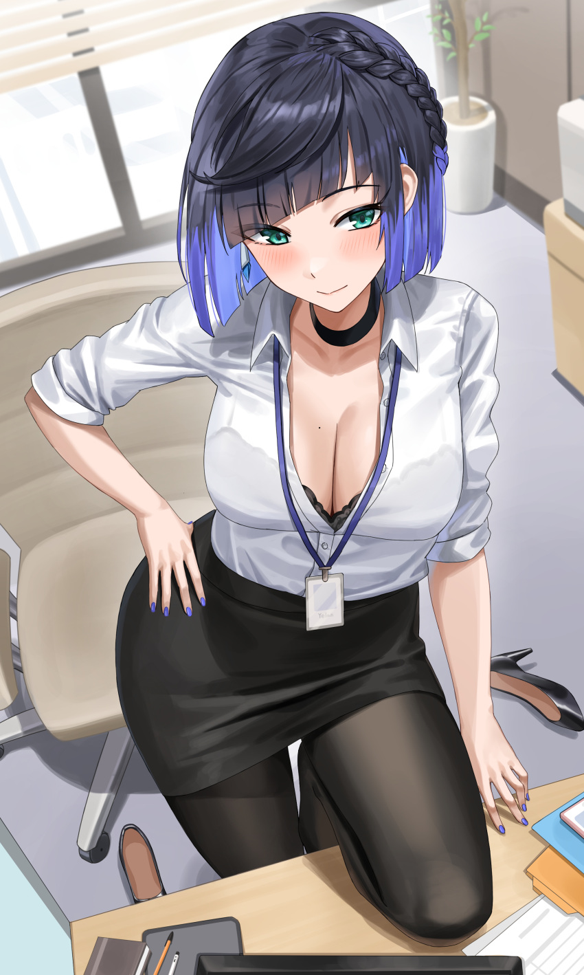 absurdres alternate_costume bad_id bad_pixiv_id black_bra black_choker black_pantyhose black_skirt blue_hair blue_nails blunt_bangs blush bob_cut bra bra_peek bra_visible_through_clothes braid breasts cellphone chair choker cleavage closed_mouth collared_shirt contemporary dangle_earrings dark_blue_hair day diagonal_bangs earrings eyes_visible_through_hair female from_above genshin_impact gradient_hair hand_on_own_hip high_heels highres indoors jewelry lace-trimmed_bra lace_trim large_breasts looking_at_viewer mole mole_on_breast multicolored_hair nail_polish office office_chair office_lady pantyhose partially_unbuttoned pencil_skirt phone plant potted_plant revision see-through see-through_shirt shirt shirt_tucked_in shocho shoes short_hair skirt sleeves_rolled_up smartphone smile solo swivel_chair table thighband_pantyhose two-tone_hair underwear unworn_shoes white_shirt window window_blinds yelan_(genshin_impact)