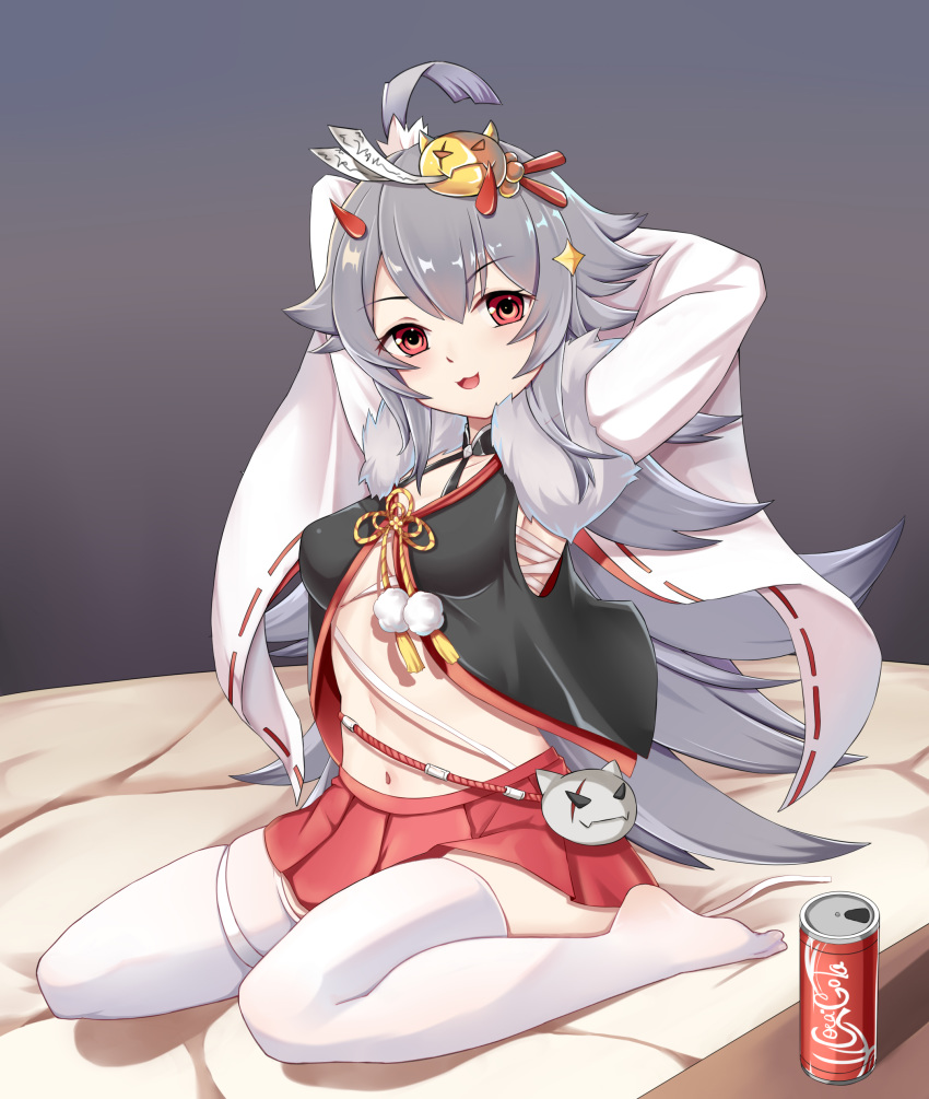 :3 :d absurdres ahoge armpits arms_behind_head arms_up azur_lane black_shirt blush brand_name_imitation breasts budget_sarashi can chinese_commentary coca-cola collarbone commentary_request drink_can female full_body fur_trim grey_background grey_hair hair_between_eyes hair_ornament hairclip hibiki_(azur_lane) highres horns japanese_clothes long_hair long_sleeves looking_at_viewer midriff navel netsuke no_shoes obijime on_bed oni_horns open_mouth partially_unbuttoned pleated_skirt red_eyes red_skirt ribbon-trimmed_sleeves ribbon_trim sarashi shadow shirt sidelocks simple_background sitting skindentation skirt small_breasts smile soda_can solo talisman the_hermit thighhighs wariza white_sleeves white_thighhighs wide_sleeves zettai_ryouiki