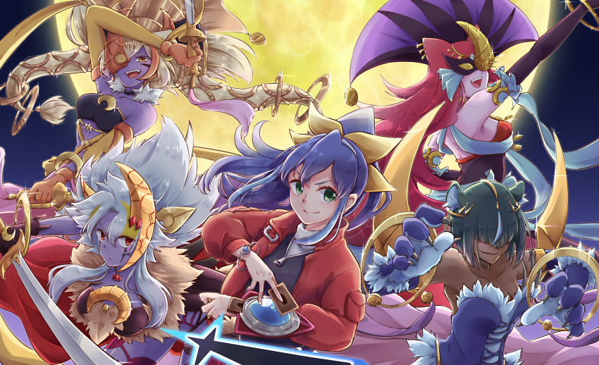 5girls animal_ears black_hair blonde_hair blue_hair bob_cut bracelet breasts card cat_ears cat_girl cleavage colored_skin corset crescent dark-skinned_female dark_skin death domino_mask duel_academy_uniform_(yu-gi-oh!_arc-v) duel_disk duel_monster full_moon gloves green_eyes hair_over_eyes hair_ribbon highres holding holding_sword holding_weapon hoop huge_moon jacket jewelry long_hair lunalight_cat_dancer lunalight_leo_dancer lunalight_panther_dancer lunalight_sabre_dancer mask medium_breasts medium_hair moon multiple_girls night open_mouth outdoors ponytail purple_skin red_eyes red_hair ribbon risakyan serena_(yu-gi-oh!) smile sword teeth upper_teeth_only very_long_hair weapon white_hair yellow_eyes yellow_moon yu-gi-oh! yu-gi-oh!_arc-v zipper