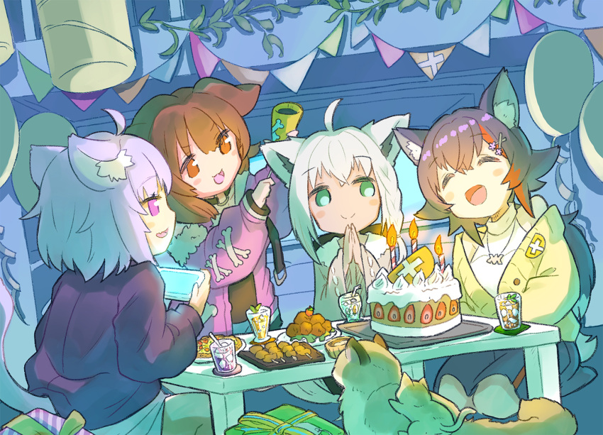 4girls :3 ahoge animal_ear_fluff animal_ears aqua_eyes balloon beige_cardigan birthday_cake birthday_party black_hair blush braid brown_eyes brown_hair cake cardigan cat_ears cat_girl cat_tail choker closed_eyes dog_ears flipped_hair food fox_ears fox_girl fur_trim gift hair_between_eyes hair_ornament hairclip high-waist_skirt hololive hololive_gamers hood inugami_korone jewelry long_hair multicolored_hair multiple_girls necklace nekomata_okayu o-ring o-ring_choker oerba_yun_fang official_alternate_costume ookami_mio ookami_mio_(street) open_mouth party_popper phone ponytail purple_eyes purple_hair red_hair seiza shirakami_fubuki shirakami_fubuki_(street) shirt short_hair side_braid sidelocks sitting skin_fang skirt sleeveless sleeveless_shirt smile streaked_hair streamers table taiga_(ookami_mio) tail tawa_(ookami_mio) very_long_hair virtual_youtuber white_hair wolf_ears wolf_girl yunra665