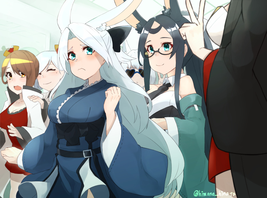 6+girls akagi_(azur_lane) animal_ears aqua_eyes azur_lane blue_eyes blue_hair blush breasts brown_hair commentary_request extra_ears eyeliner fox_ears fox_girl headband heart heart-shaped_eyewear highres himono_hinata hiryuu_(azur_lane) indoors japanese_clothes kaga_(azur_lane) kimono large_breasts long_hair looking_at_another looking_to_the_side makeup mole mole_under_eye multiple_girls one_side_up out_of_frame ponytail rabbit_ears rabbit_girl short_ponytail shoukaku_(azur_lane) side_ponytail souryuu_(azur_lane) twitter_username upper_body white_hair white_kimono wide_sleeves zuikaku_(azur_lane)