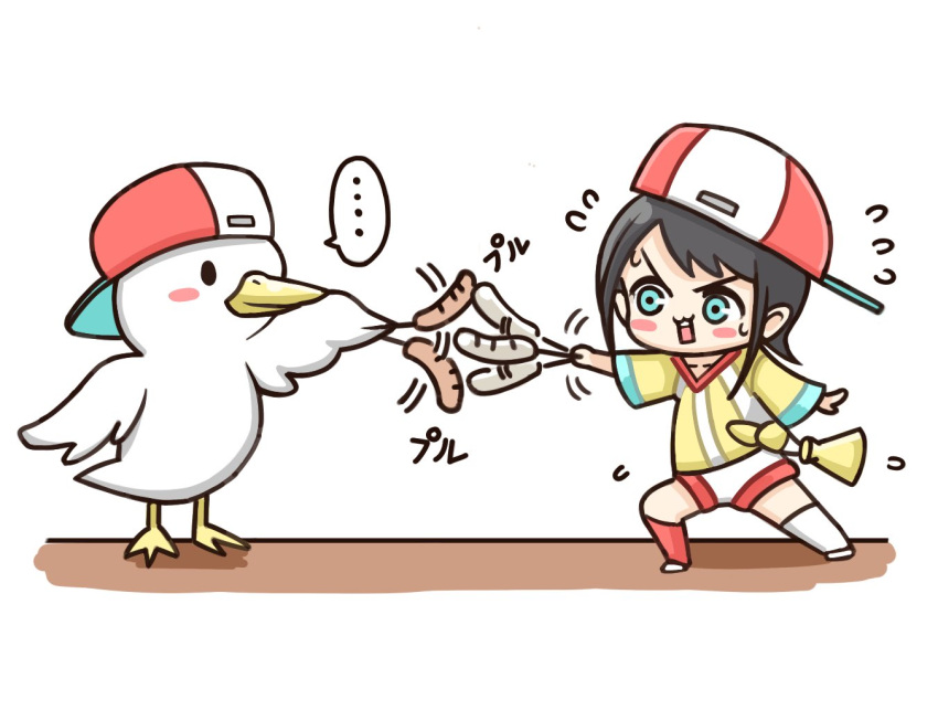 ... aqua_eyes backwards_hat baseball_cap bird black_hair chibi duck female flying_sweatdrops food hat hololive koritama mascot megaphone oozora_subaru oozora_subaru_(1st_costume) sausage sausage_legend shirt shoes short_hair sneakers spoken_ellipsis striped_clothes striped_shirt subaru_duck swept_bangs t-shirt tied_shirt two-tone_headwear vertical-striped_clothes vertical-striped_shirt virtual_youtuber white_legwear