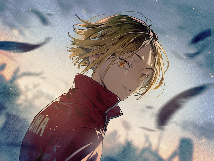 1boy bikkusama black_hair blonde_hair falling_feathers feathers haikyuu!! high_collar highres jacket kozume_kenma looking_at_viewer male_focus multicolored_hair orange_eyes outdoors parted_bangs red_jacket short_hair smile solo track_jacket upper_body