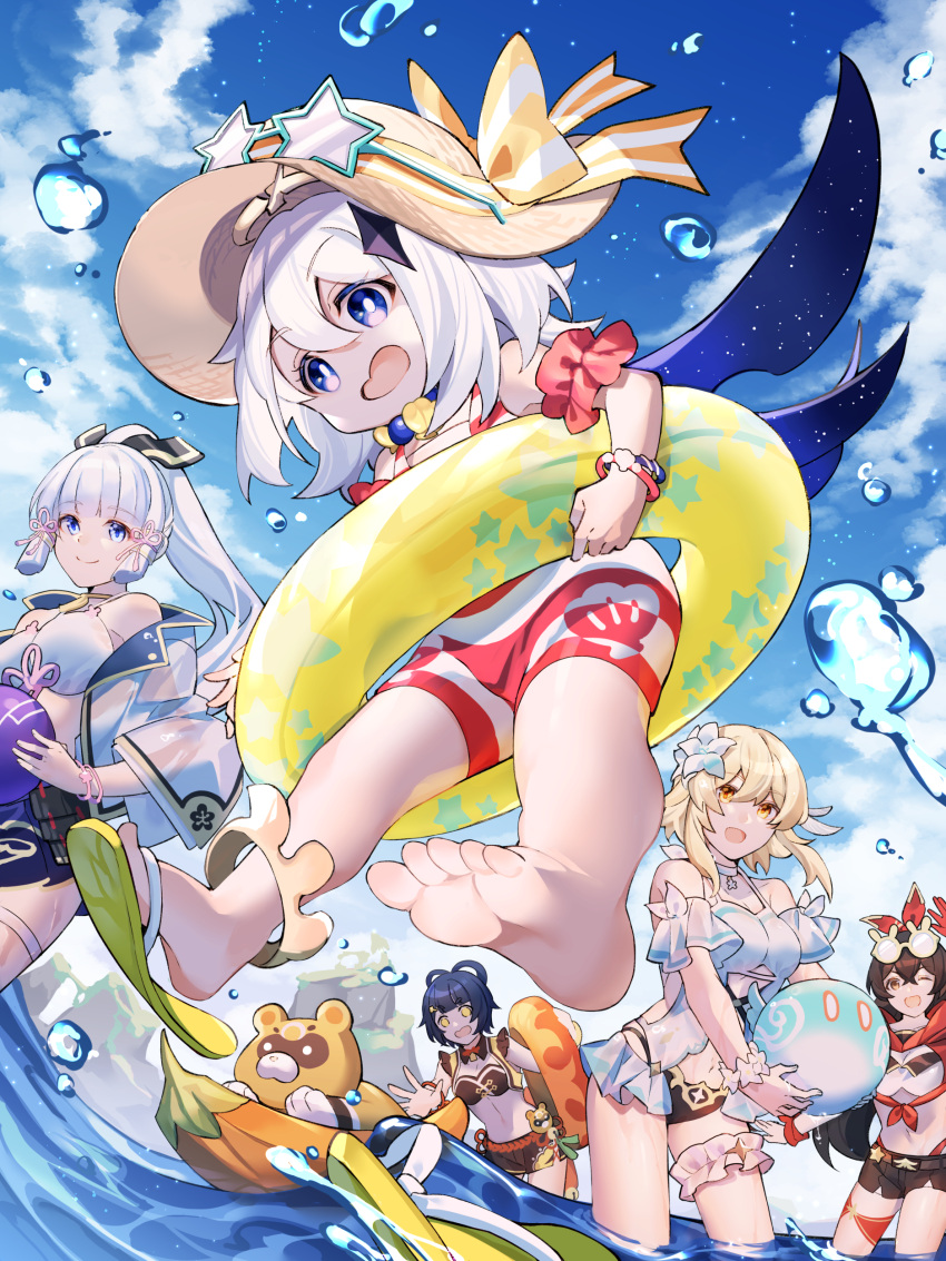 5girls :d absurdres arm_scrunchie ball bare_shoulders barefoot beachball bikini blonde_hair blue_eyes blue_hair blue_sky bracelet breasts brown_eyes casual_one-piece_swimsuit cloud commentary_request day english_commentary eyewear_on_head eyewear_on_headwear feet floating flower genshin_impact gloves hair_between_eyes hair_flower hair_ornament hair_ribbon halo hat hat_ribbon highres hizuki_miya holding holding_ball holding_beachball holding_swim_ring innertube jewelry kamisato_ayaka large_breasts long_hair looking_at_viewer lumine_(genshin_impact) medium_breasts mixed-language_commentary multiple_girls navel one-piece_swimsuit open_mouth orange_innertube outdoors paimon_(genshin_impact) ponytail rabbit-shaped_eyewear red_gloves red_ribbon red_scrunchie ribbon sandals scrunchie short_hair single_glove single_sandal sky smile soles star-shaped_eyewear star_(symbol) striped_clothes striped_one-piece_swimsuit swim_ring swimsuit toes very_long_hair water water_drop waves white_hair yellow_eyes yellow_innertube