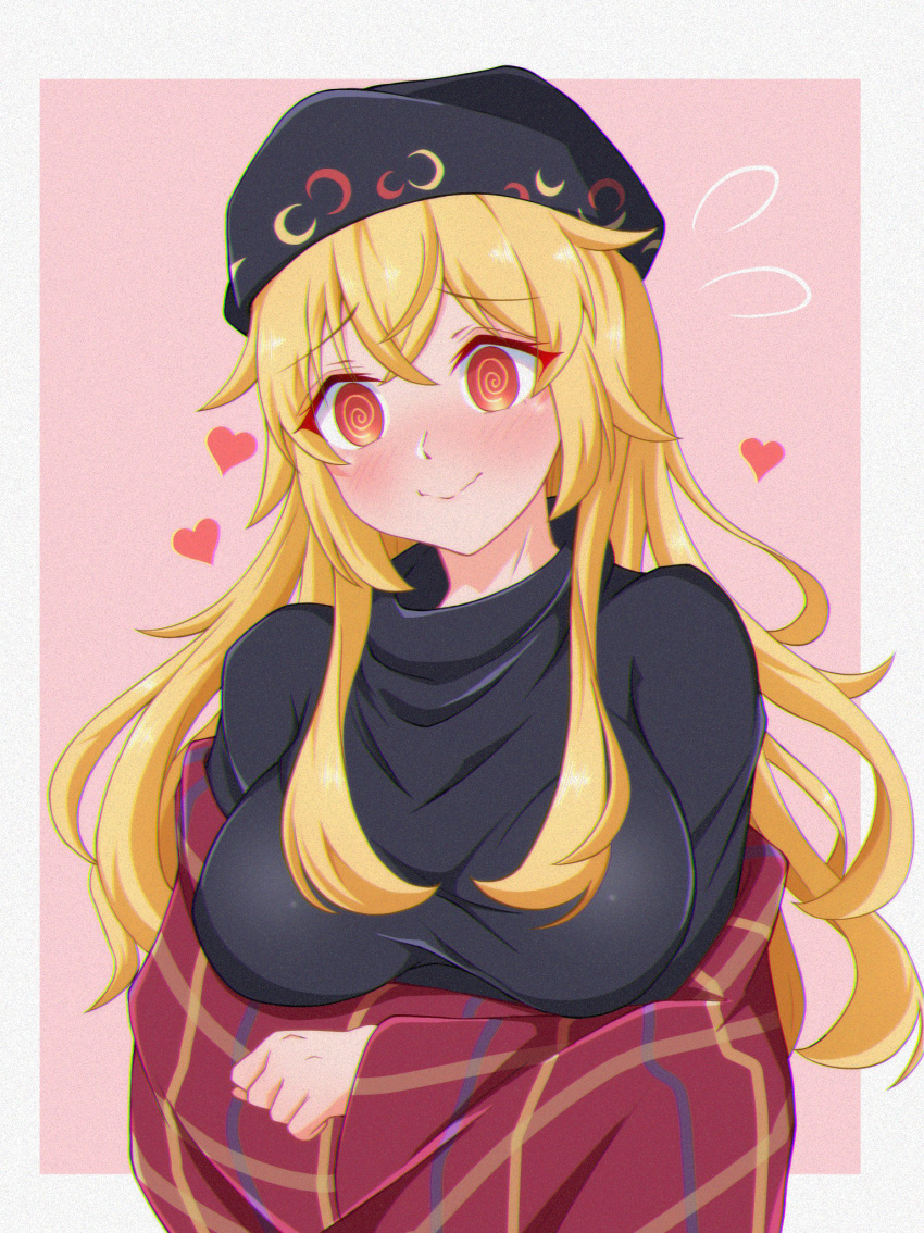 @_@ black_dress black_hat blonde_hair blush border breasts closed_mouth crescent crossed_arms dress female hair_between_eyes hat heart highres jacket junko_(touhou) large_breasts long_hair long_sleeves looking_to_the_side pink_background red_eyes red_jacket simple_background smile solo tasuku_(tusktouhou4) touhou white_border wide_sleeves