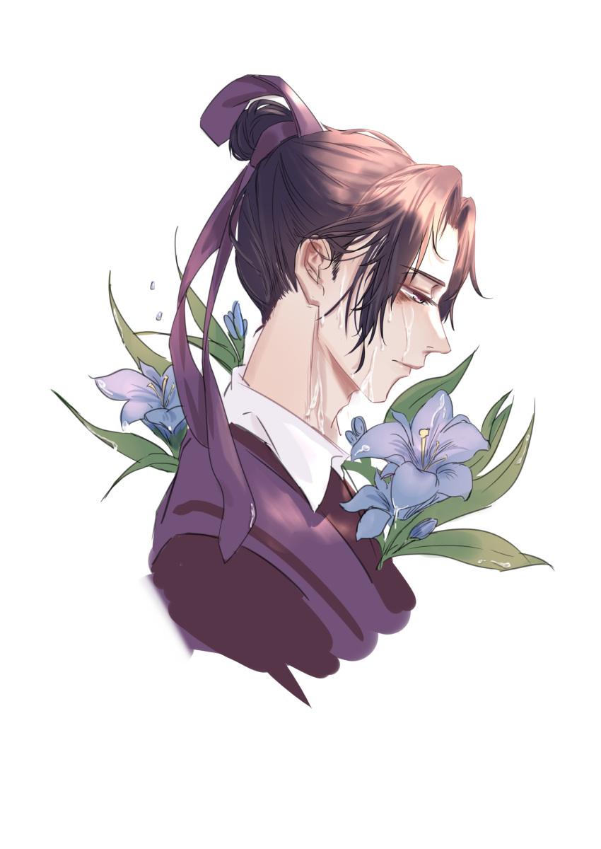 1boy absurdres black_hair chinese_commentary commentary crying crying_with_eyes_open flower highres jiang_cheng jingruth male_focus modao_zushi profile purple_ribbon ribbon simple_background solo tears white_background