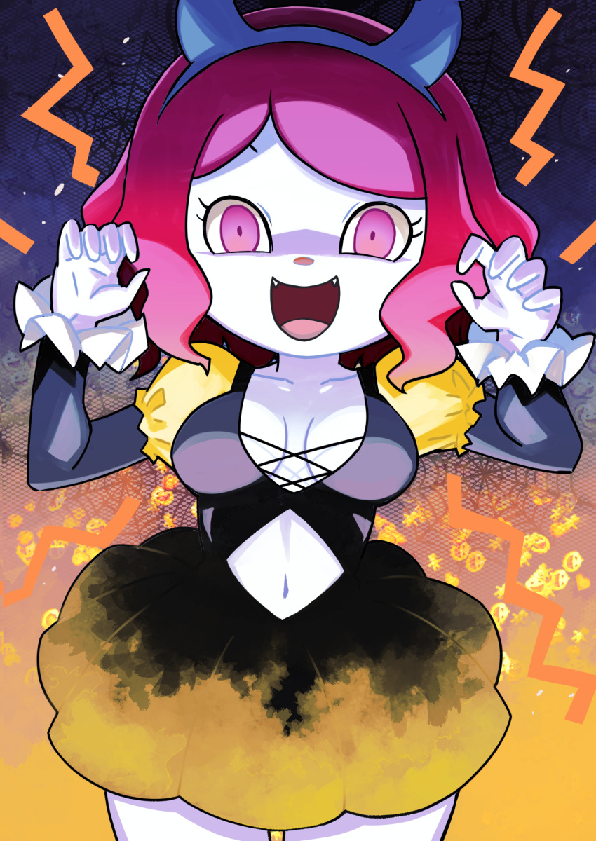 :d animal_crossing black_dress blue_hairband breasts claw_pose cleavage clothing_cutout collarbone colored_skin cross-laced_clothes cross-laced_dress dress eyelashes fake_horns fangs female gloves hairband halloween hands_up highres horns legs_apart looking_at_viewer medium_breasts muramasa_mikado murana_(muramasa_mikado) navel navel_cutout open_mouth pink_eyes pink_hair puffy_sleeves short_hair smile solo standing straight-on swept_bangs villager_(animal_crossing) white_gloves white_skin