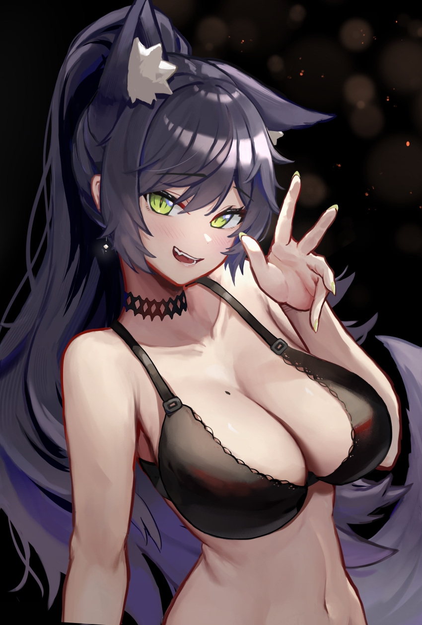 absurdres animal_ear_fluff animal_ears black_background black_bra black_choker black_hair blush bra breasts cat_ears choker earrings female green_eyes highres jewelry large_breasts long_hair looking_at_viewer meridian_project mole mole_on_breast navel open_mouth oukafafafa seki_(vtuber) slit_pupils smile solo teeth underwear virtual_youtuber