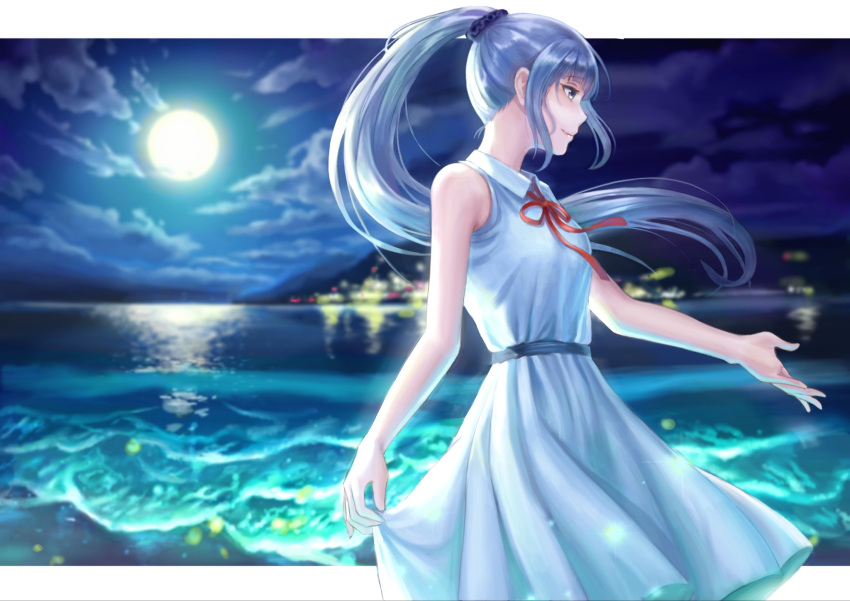 beach blurry chinese_commentary cloud cloudy_sky collared_dress depth_of_field dress female floating_hair flowers_(innocent_grey) from_side full_moon grey_hair hair_ornament hair_scrunchie highres kafkasea long_hair moon night night_sky outstretched_arm outstretched_hand ponytail profile red_ribbon ribbon scrunchie sidelocks sky sleeveless sleeveless_dress smile solo very_long_hair water waves yatsushiro_yuzuriha