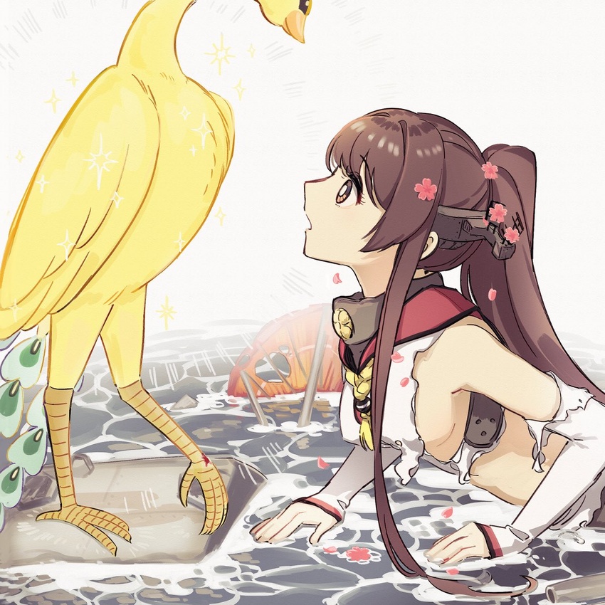 1other bird breasts brown_hair cherry_blossoms commentary_request crossover detached_sleeves female headgear hi_no_tori hi_no_tori_(character) highres kantai_collection long_hair medium_breasts parody phoenix ponytail style_parody tezuka_osamu_(style) torn_clothes upper_body water yamashichi_(mtseven) yamato_(kancolle)