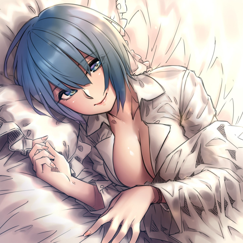 blue_eyes blue_hair blush breasts cleavage closed_mouth collarbone collared_shirt eyebrows_visible_through_hair female hair_between_eyes highres large_breasts looking_at_viewer lying naidong on_side original shirt short_hair smile solo white_shirt yin-ting_tian