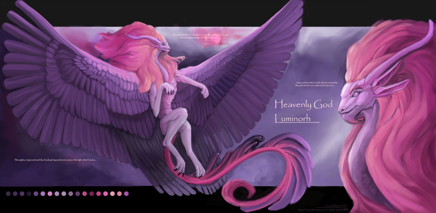 abstract_background absurd_res ambiguous_gender biceps classical claws deity demon diorionarh english_text feathered_wings feathers fluffy fur hair hi_res horn humanoid long_hair magic muscular mythology paws pink_body purple_body purple_wings renaissance simple_background solo tail tail_motion tailwag text unknown_species wings