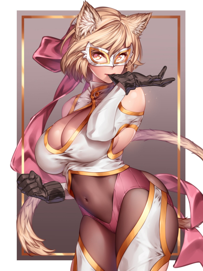 animal_ears arched_back armpit_cutout bangs bare_shoulders biting black_gloves blonde_hair bob_cut bow breasts cat_ears cat_tail chinese_commentary cleavage clenched_hand closed_mouth commentary_request covered_navel cowboy_shot djeeta_(granblue_fantasy) eye_mask female glove_biting gloves gold_trim granblue_fantasy highres large_bow large_breasts looking_at_viewer mask mouth_hold outside_border pink_bow ribbed_gloves short_hair solo tail white_mask wrestler wrestler_(granblue_fantasy) wrestling_mask wrestling_outfit yellow_eyes yin-ting_tian