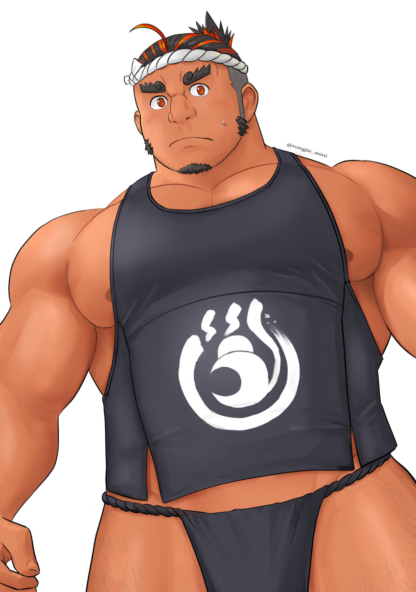 1boy ahoge bara bare_shoulders biceps black_fundoshi black_hair black_tank_top blush commentary dark-skinned_male dark_skin embarrassed english_commentary facial_hair from_below fundoshi goatee hachimaki headband highres japanese_clothes large_pectorals leg_hair long_sideburns looking_at_viewer male_focus mature_male multicolored_hair muscular muscular_male nipple_slip nipples orange_eyes orange_hair pectorals rongjie sarutahiko_(housamo) sideburns sidepec simple_background solo sweatdrop tank_top thick_eyebrows thick_thighs thighs tokyo_afterschool_summoners twitter_username two-tone_hair undercut upper_body