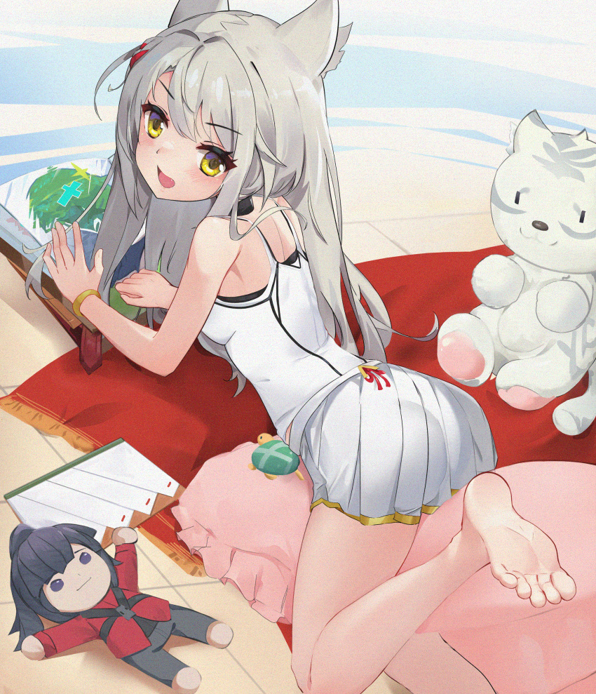 animal_ears bare_legs barefoot camisole cat_ears cat_girl feet female highres kiiro_kimi mio_(xenoblade) noah_(xenoblade) skirt soles solo stuffed_toy tank_top toes white_camisole white_skirt white_tank_top xenoblade_chronicles_(series) xenoblade_chronicles_3 yellow_eyes