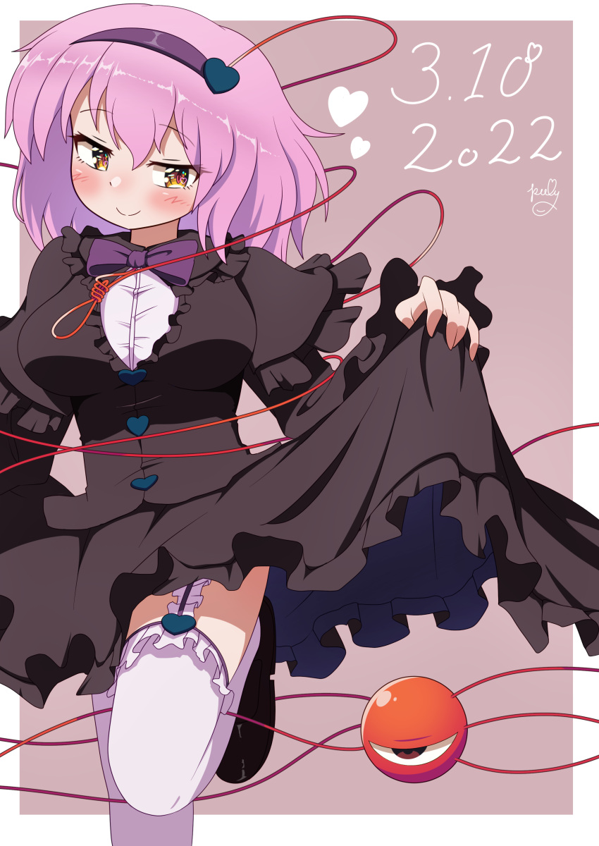 absurdres alternate_costume black_dress black_footwear bow bowtie brown_background brown_eyes closed_mouth commentary dated dress female frilled_dress frills garter_straps gothic_lolita hairband heart highres komeiji_satori leg_up lolita_fashion looking_at_viewer pink_hair polyhedron2 purple_bow purple_bowtie purple_hairband short_hair signature simple_background skirt_hold smile solo thighhighs third_eye touhou white_thighhighs