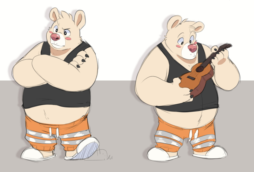 2018 acoustic_guitar american_black_bear anthro bear belly black_bear blush bottomwear breeze_in_the_clouds clothing guitar humanoid_hands kermode_bear komoroshi_(artist) male mammal musical_instrument overweight overweight_anthro overweight_male pants pile_(breeze_in_the_clouds) plucked_string_instrument shirt simple_background solo string_instrument topwear ursine