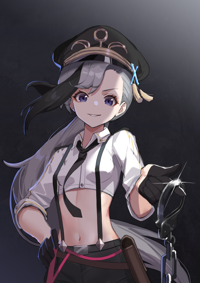 absurdres asymmetrical_bangs azur_lane belt_pouch black_background black_gloves black_hair black_hat black_necktie black_shorts blue_eyes breasts collared_shirt commentary crop_top cropped_shirt cuffs eir eyelashes female glint gloves grey_hair grin hand_on_own_hip handcuffs hat highres long_hair looking_at_viewer midriff military_hat minsk_(azur_lane) minsk_(thunderous_jailor)_(azur_lane) multicolored_hair navel necktie official_alternate_costume peaked_cap ponytail pouch shirt shorts simple_background small_breasts smile solo suspender_shorts suspenders two-tone_hair white_shirt wing_collar