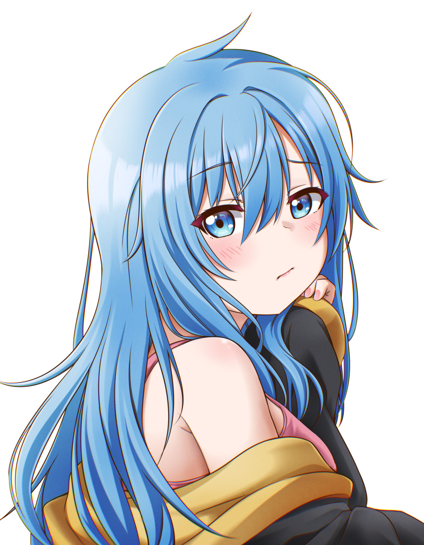 :/ absurdres blue_eyes blue_hair breasts commentary_request elie_wayne female from_side head_rest highres jacket jan_azure large_breasts long_hair looking_at_viewer off_shoulder original pink_tank_top solo tank_top upper_body