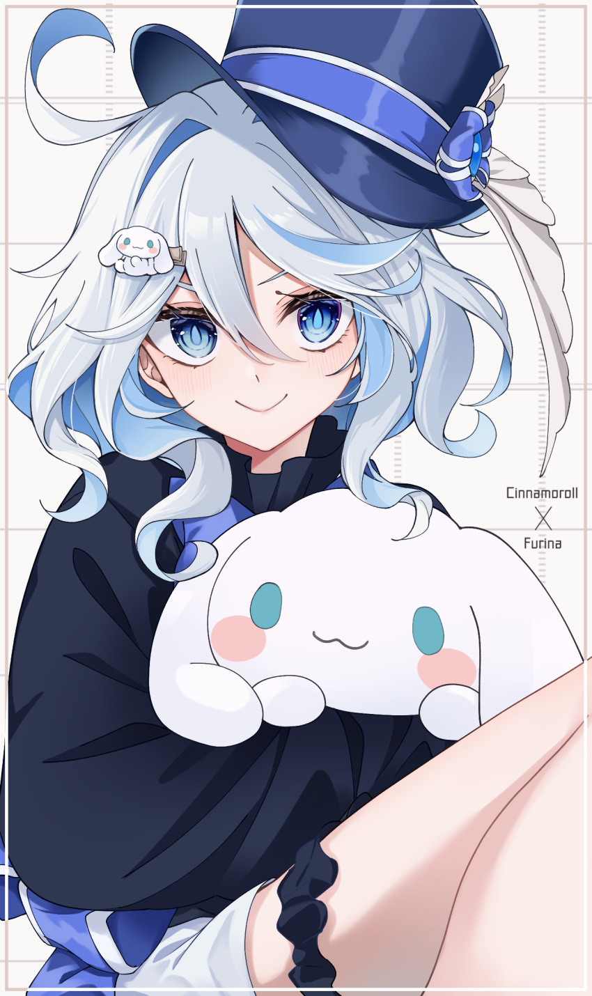 ahoge bad_id bad_pixiv_id blue_eyes blue_hair blue_hat casual cinnamoroll commentary_request contemporary female furina_(genshin_impact) genshin_impact hair_between_eyes hat highres holding holding_stuffed_toy light_blue_hair long_hair long_sleeves looking_at_viewer multicolored_hair pomepome1207 sanrio smile solo stuffed_animal stuffed_toy top_hat wavy_hair white_hair