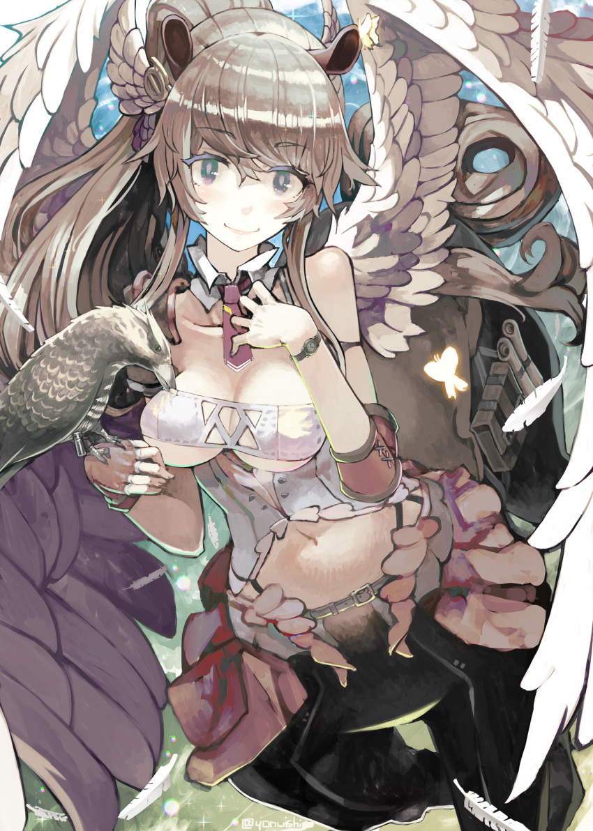 bad_anatomy bad_id bad_pixiv_id belt bird breasts brown_gloves brown_hair brown_wings centaur cleavage falcon feathered_wings female gloves hand_up highres long_hair looking_at_viewer monster_girl original smile solo taur tefec watch wings wristwatch