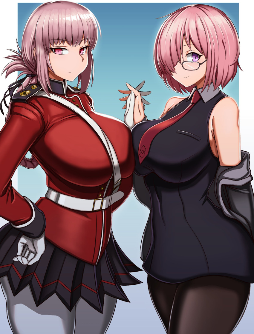 2girls belt black_pantyhose breast_press breasts clothes_pull commission dress expressionless fate/grand_order fate_(series) florence_nightingale_(fate) folded_ponytail glasses gloves grey_pantyhose hair_over_one_eye hand_on_own_hip highres holding_hands huge_breasts interlocked_fingers jacket jacket_pull large_breasts long_hair mash_kyrielight military military_uniform miniskirt multiple_girls pantyhose pink_eyes pink_hair pleated_skirt purple_eyes short_dress short_hair skirt sleeveless sleeveless_dress smile standby symmetrical_docking uniform white_belt white_gloves