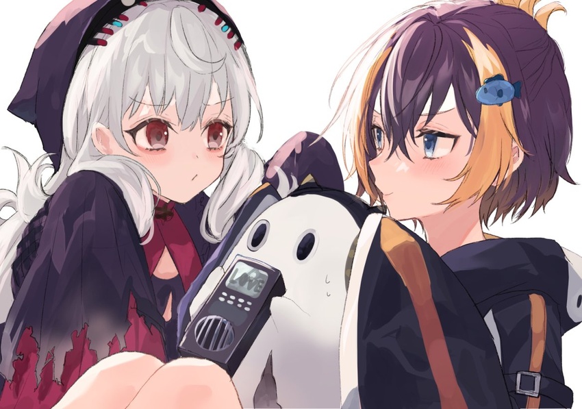 2girls animal_hood bad_id bad_twitter_id bags_under_eyes black_dress black_headwear black_hoodie blue_eyes blush brown_hair dress ghost grey_hair hair_behind_ear hood hoodie multicolored_hair multiple_girls nijisanji nijisanji_en orange_hair penguin_hood petra_gurin petra_gurin_(1st_costume) poppi_(reimu_endou) pout purple_eyes reimu_endou reimu_endou_(1st_costume) sleeves_past_fingers sleeves_past_wrists streaked_hair suzuno_(en_10ten) two-tone_hoodie v-shaped_eyebrows virtual_youtuber white_background white_hoodie