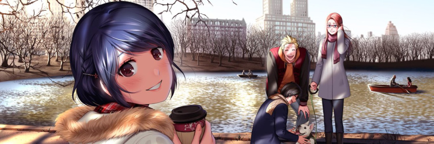 2boys 2girls :d bad_id bad_twitter_id bench bent_over black_hair black_jacket blonde_hair blue_hair blush boat bob_cut boots braid brown_eyes brown_footwear building cable_knit canine character_request closed_eyes coat cover_image cup disposable_coffee_cup disposable_cup domestic_na_kanojo drink french_braid from_behind fujii_natsuo fur-trimmed_coat fur_trim grey_legwear hair_ornament hairclip headpat holding holding_cup holding_drink holding_leash hood hood_down jacket leaning_forward leash looking_at_viewer looking_back loose_hair_strand matsukawa_j_alex multiple_boys multiple_girls official_art open_mouth orange_shirt pants park parted_bangs pet_walking pink_scarf plaid plaid_scarf pond red_hair rowboat sasuga_kei scarf shirt short_hair sidewalk smile solo_focus spiked_hair tachibana_rui tree twitter_banner two-handed upper_body watercraft white_coat white_scarf