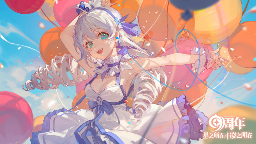 :d arm_up balloon bare_shoulders benghuai_xueyuan blue_eyes blue_flower blue_hairband blue_sky breasts ciloranko cleavage cloud commentary_request day dress drill_hair eyebrows_hidden_by_hair female flower frilled_dress frills grey_hair hair_between_eyes hairband highres holding holding_balloon honkai_(series) kiana_kaslana korean_commentary long_hair looking_at_viewer medium_breasts official_art outdoors sky sleeveless sleeveless_dress smile solo teeth third-party_source twin_drills upper_teeth_only very_long_hair white_dress white_flower wrist_cuffs