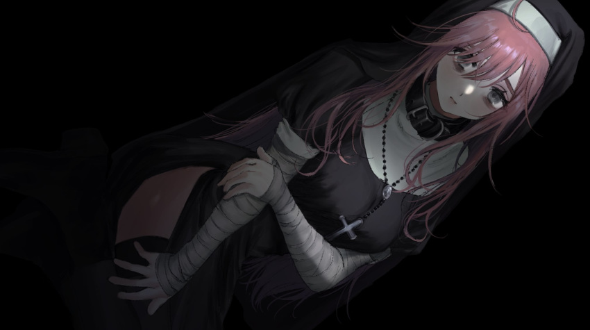 @_@ ahoge bandaged_arm bandages black_background black_collar black_dress black_footwear black_thighhighs collar cross dress female grey_eyes habit highres long_hair nun original parted_lips pink-haired_nun_(404notfound) pink_hair puffy_sleeves simple_background solo thighhighs veil youichi_(45_01)