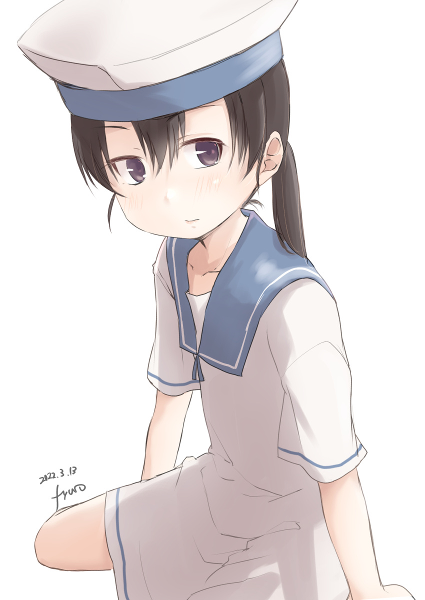 absurdres black_hair blue_collar collar dated dress female fyuo hat highres kantai_collection one-hour_drawing_challenge purple_eyes sailor_dress sailor_hat short_hair short_sleeves shounan_(kancolle) signature simple_background solo twintails white_background white_dress white_hat white_legwear