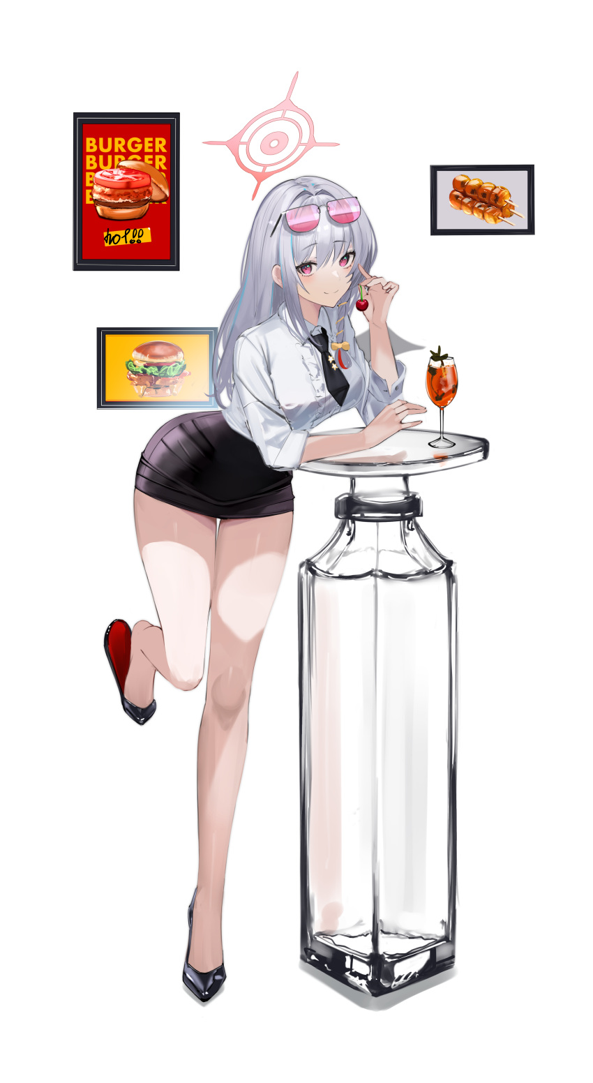 absurdres alternate_costume bare_legs black_footwear black_skirt blue_archive braid breasts closed_mouth collared_shirt cup drinking_glass eugle_na eyewear_on_head female food grey_hair halo haruna_(blue_archive) highres leaning_forward leaning_on_table long_hair long_sleeves looking_at_viewer miniskirt necktie pencil_skirt photo_(object) picture_frame pink_eyes red_eyes shirt shoe_dangle shoes short_necktie side_braid simple_background single_wing skirt smile solo sunglasses thighs tinted_eyewear white_background white_shirt wings