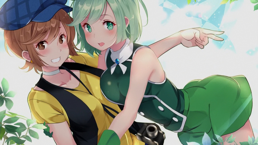 2girls between_breasts blouse blush breasts brooch brown_eyes camera choker collarbone cutie_honey cutie_honey_universe dual_persona earrings eyelashes flash_honey gloves green_eyes green_gloves green_hair green_shirt green_skirt grin hat hug idol_honey jewelry kujou_ichiso leaf looking_at_viewer multiple_girls official_art open_mouth outdoors parted_bangs raised_eyebrows shirt short_hair short_sleeves sidelocks skirt sleeveless sleeveless_shirt smile strap_between_breasts sunlight v yellow_shirt