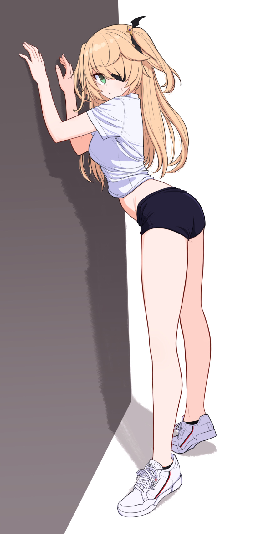 absurdres alternate_costume arms_up ass bare_legs bebetang black_shorts black_socks blonde_hair breasts buruma closed_mouth crop_top expressionless eyepatch female fischl_(genshin_impact) full_body genshin_impact green_eyes highres leaning_forward long_hair long_legs looking_at_viewer medium_breasts midriff one_side_up shirt shoes short_shorts short_sleeves shorts sneakers socks solo standing sweatdrop thighs white_footwear white_shirt