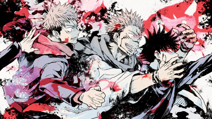 3boys black_hair black_jacket black_nails blood blood_on_face clenched_hands clenched_teeth constricted_pupils extra_eyes facial_mark facial_tattoo fingernails fushiguro_megumi gakuran grey_scarf hood hood_down hoodie itadori_yuuji jacket japanese_clothes jujutsu_kaisen kimono line_line long_sleeves looking_at_another male_focus multicolored_background multiple_boys open_mouth pink_hair profile reaching red_hoodie ryoumen_sukuna_(jujutsu_kaisen) scarf school_uniform sharp_fingernails short_hair smile spiked_hair tattoo teeth undercut upper_body white_kimono wide_sleeves