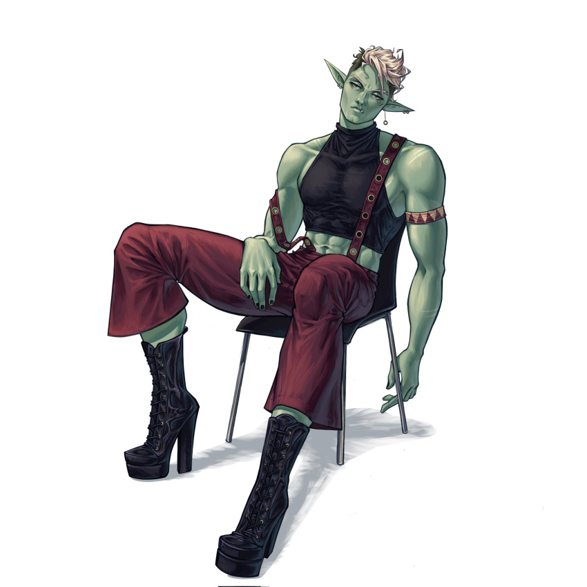 1:1 abs banana_toaster blonde_hair boots bottomwear chair clothed clothing crop_top drawfee_(copyright) drawtectives footwear fully_clothed furniture gyorik_rogdul hair hi_res high_heeled_boots high_heels humanoid humanoid_pointy_ears male muscular muscular_humanoid muscular_male navel orc pants shirt sitting solo suspenders tight_clothing topwear