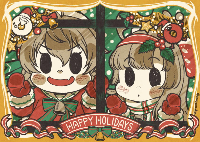 2girls :o alternate_costume bell blush_stickers chibi christmas dress enemy_lifebuoy_(kancolle) freckles fur_trim hair_between_eyes hairband happy_holidays holly imatomo_mahya kantai_collection long_hair long_sleeves matsuwa_(kancolle) mittens multiple_girls oerba_yun_fang open_mouth red_dress red_mittens sado_(kancolle) scarf skin_fang twitter_username window