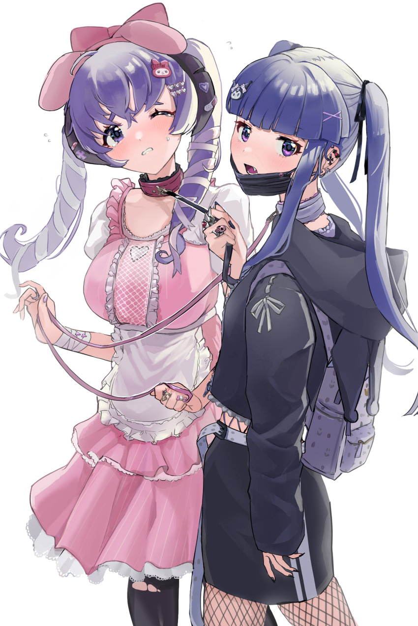 2girls alternate_costume alternate_hairstyle bag belt black_nails blue_eyes blue_hair blunt_bangs blush bow breasts claw_ring ear_piercing earrings eyebrows_hidden_by_hair fingernails flying_sweatdrops furude_rika hair_ornament hair_ribbon hairbow hairclip hairpin hanyuu hat highres higurashi_no_naku_koro_ni holding holding_leash hood horns jewelry large_breasts leash leash_pull long_fingernails long_hair looking_at_viewer looking_to_the_side mask mask_pull mouth_mask multiple_girls nail_polish necktie oerba_yun_fang oici_ne one_eye_closed open_mouth piercing ponytail purple_eyes purple_hair purple_nails ribbon ring serious shoulder_bag simple_background skull_ring sweatdrop sweater sweater_vest twintails white_background x_hair_ornament