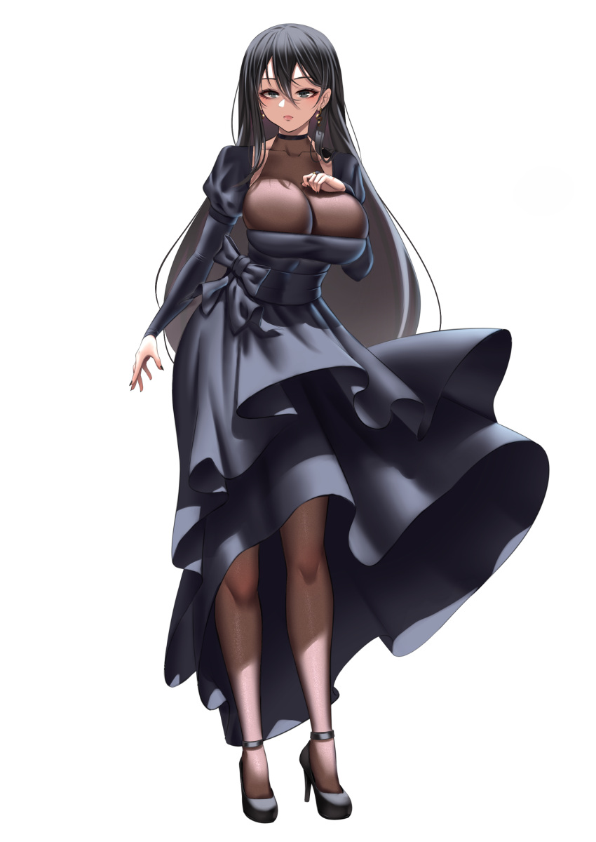 absurdres anima_(togashi) bad_id bad_pixiv_id black_bow black_dress black_eyes black_footwear black_hair black_nails bodystocking bow breasts bridal_gauntlets brown_legwear cleavage_cutout closed_mouth clothing_cutout commentary dress earrings elbow_gloves female fingernails full_body gloves hair_between_eyes hand_on_own_chest high_heels highres jewelry large_breasts lips long_fingernails long_hair looking_at_viewer nail_polish original puffy_short_sleeves puffy_sleeves short_sleeves simple_background solo standing tachi-e very_long_hair white_background