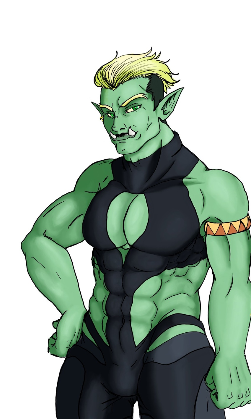 3:5 abs alternative_fashion armband blonde_hair bulge clothed clothing drawfee_(copyright) drawtectives draycefayce goth green_body green_skin gyorik_rogdul hair hi_res humanoid humanoid_pointy_ears male muscular muscular_humanoid muscular_male not_furry orc sharp_teeth skimpy solo teeth underbite undercut