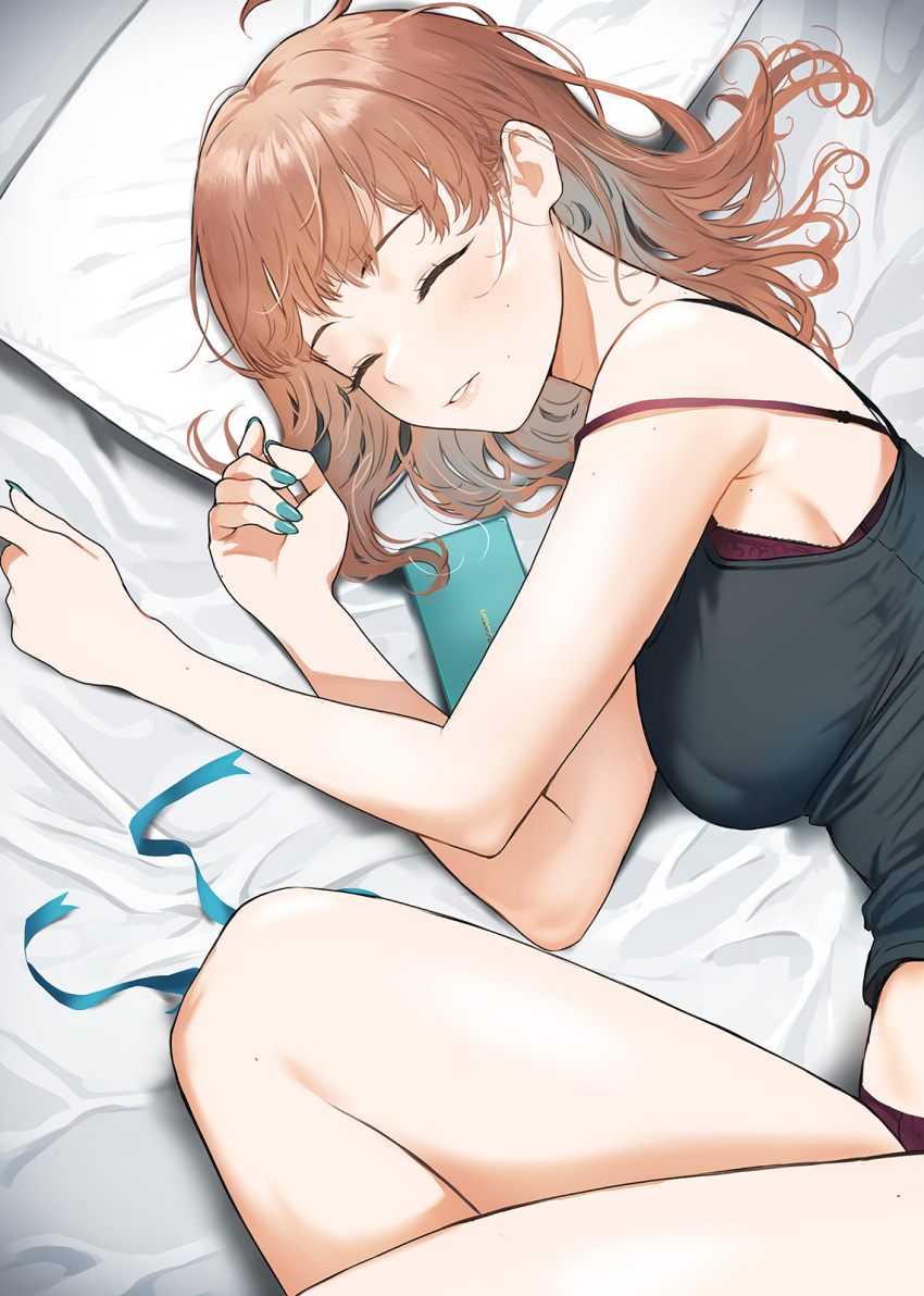 bed_sheet bra bra_strap breasts brown_hair closed_eyes commentary_request doushimasho female fingernails highres large_breasts legs long_hair lying mole mole_on_arm mole_on_armpit mole_on_cheek mole_on_hand mole_on_leg mole_on_neck mole_on_shoulder mole_on_thigh multiple_moles nail_polish on_side original parted_lips pillow sideboob sleeping solo strap_slip tank_top underwear