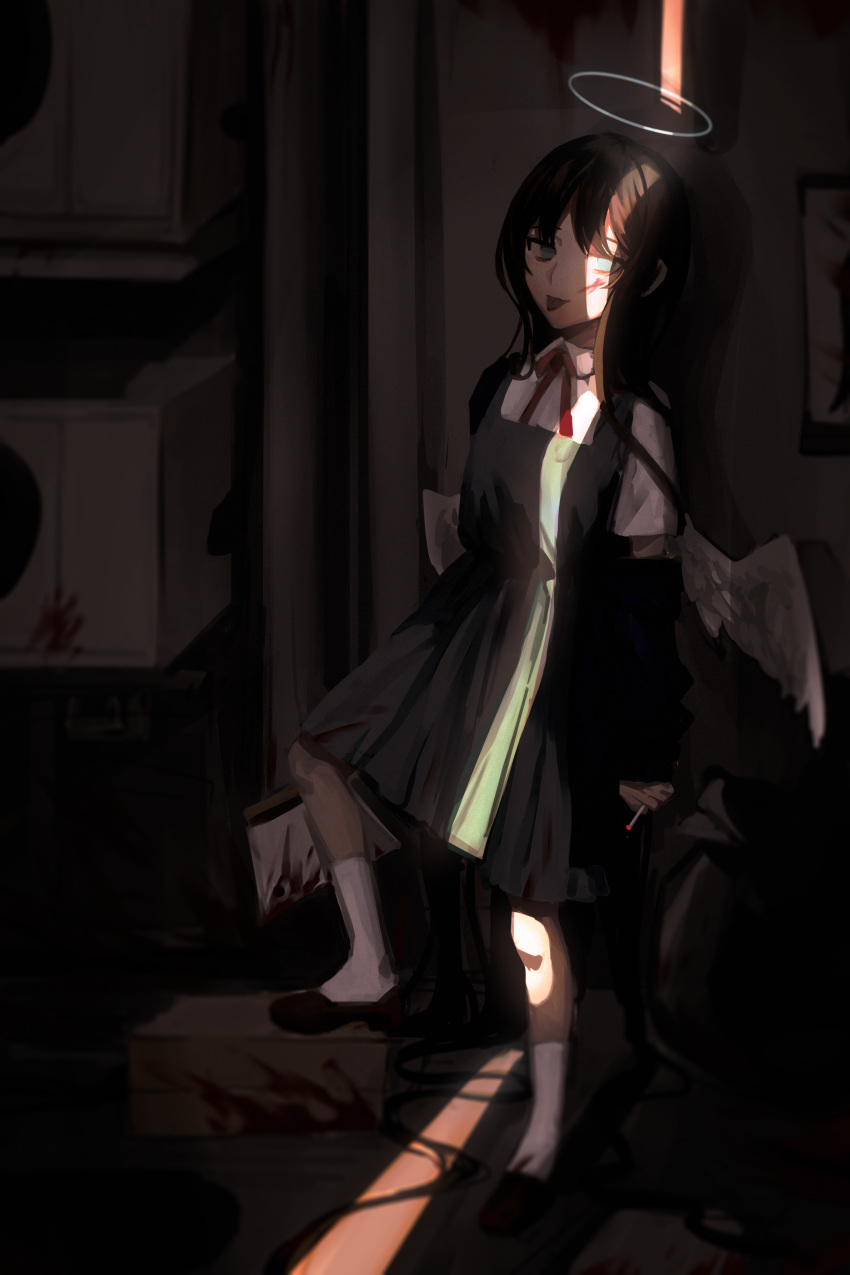 absurdres black_dress black_footwear blood blood_on_face blood_on_ground blood_on_weapon blue_eyes brown_hair cigarette collared_shirt commentary dark_room dress feathered_wings female full_body halo highres holding holding_knife holding_weapon indoors kineta knife long_hair looking_at_viewer neck_ribbon original pinafore_dress red_ribbon ribbon shirt short_sleeves sleeveless sleeveless_dress smoking socks solo standing tongue tongue_out weapon white_shirt white_socks wings