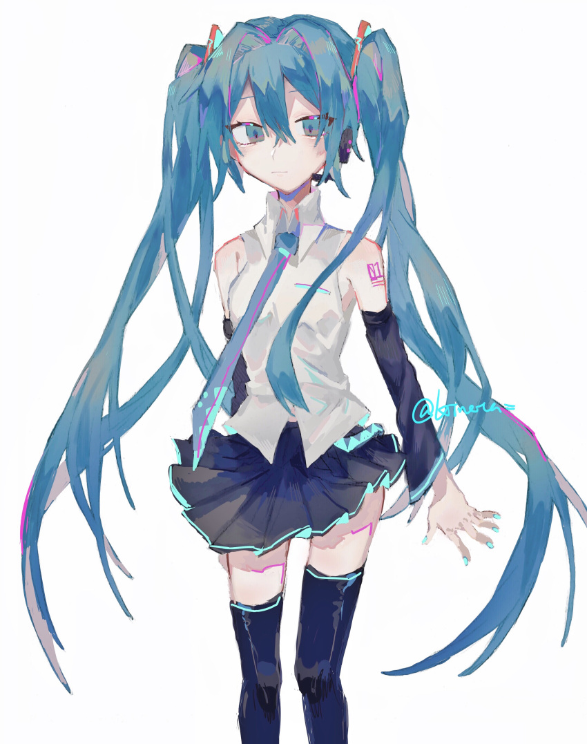 absurdres black_skirt black_sleeves blue_eyes blue_hair blue_nails blue_necktie blue_thighhighs closed_mouth collared_shirt commentary detached_sleeves feet_out_of_frame female hair_between_eyes hatsune_miku highres kineta light_smile long_hair long_sleeves looking_at_viewer necktie pleated_skirt shirt simple_background skirt sleeveless sleeveless_shirt solo tattoo thighhighs twintails twitter_username very_long_hair vocaloid white_background white_shirt