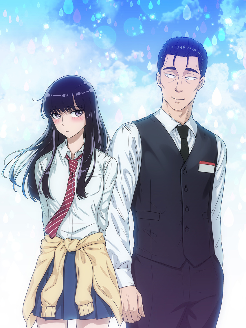 1boy age_difference arms_at_sides arms_behind_back black_necktie black_pants black_vest blue_skirt blush cowboy_shot day female highres koi_wa_ameagari_no_you_ni kondou_masami long_hair momo-chan_atakku name_tag necktie outdoors pants purple_eyes red_necktie shirt short_hair skirt standing striped striped_necktie tachibana_akira vest water_drop white_shirt