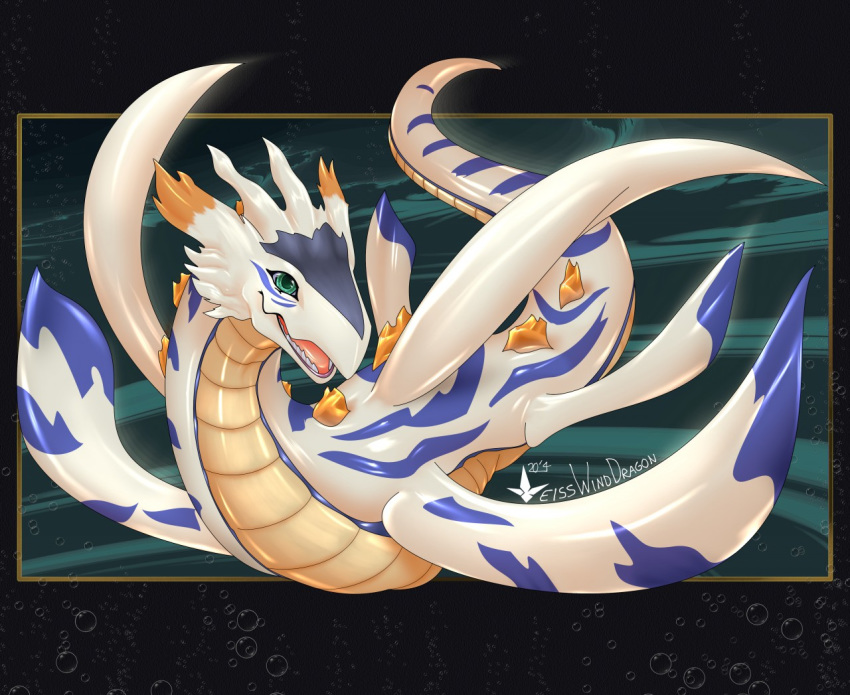 2020 ambiguous_gender bandai_namco blue_markings border bubble digimon digimon_(species) digital_media_(artwork) feral green_eyes markings open_mouth outside_border plesiomon smile solo tail teeth tongue weisswinddragon