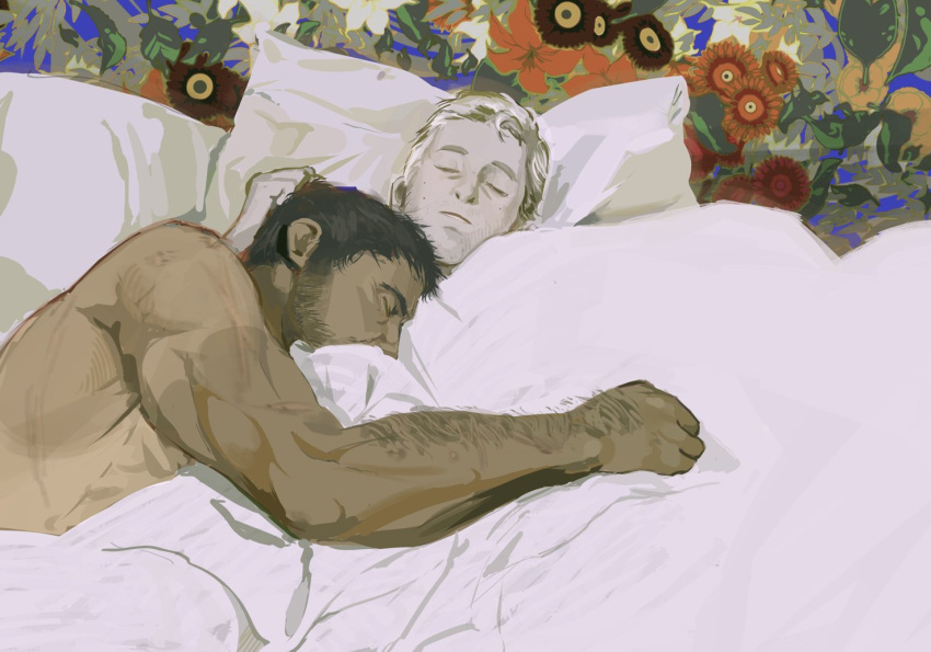 2boys bara bed black_hair blonde_hair chris_redfield closed_eyes closed_mouth coffeebrownn ethan_winters facial_hair lying male_focus multiple_boys muscular muscular_male on_back on_bed on_side pillow resident_evil resident_evil_village short_hair sleeping topless_male yaoi